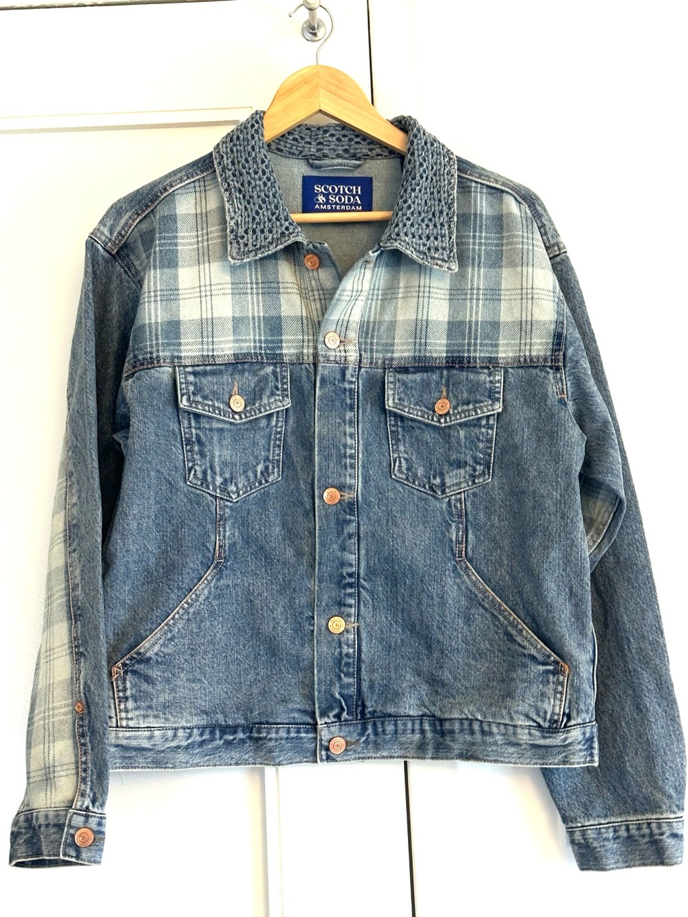 Scotch & Soda Men's M Denim Trucker Jacket NWT Plaid Accent